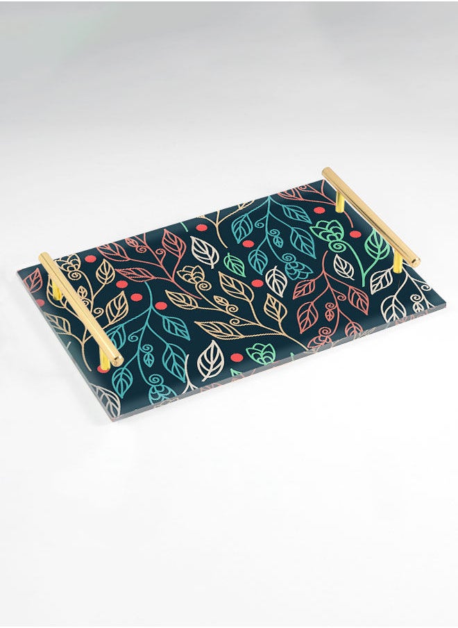 LOWHA Decorative Acrylic Serving Tray with Gold Color Metal Handles Floral 20x30cm  - Image 1