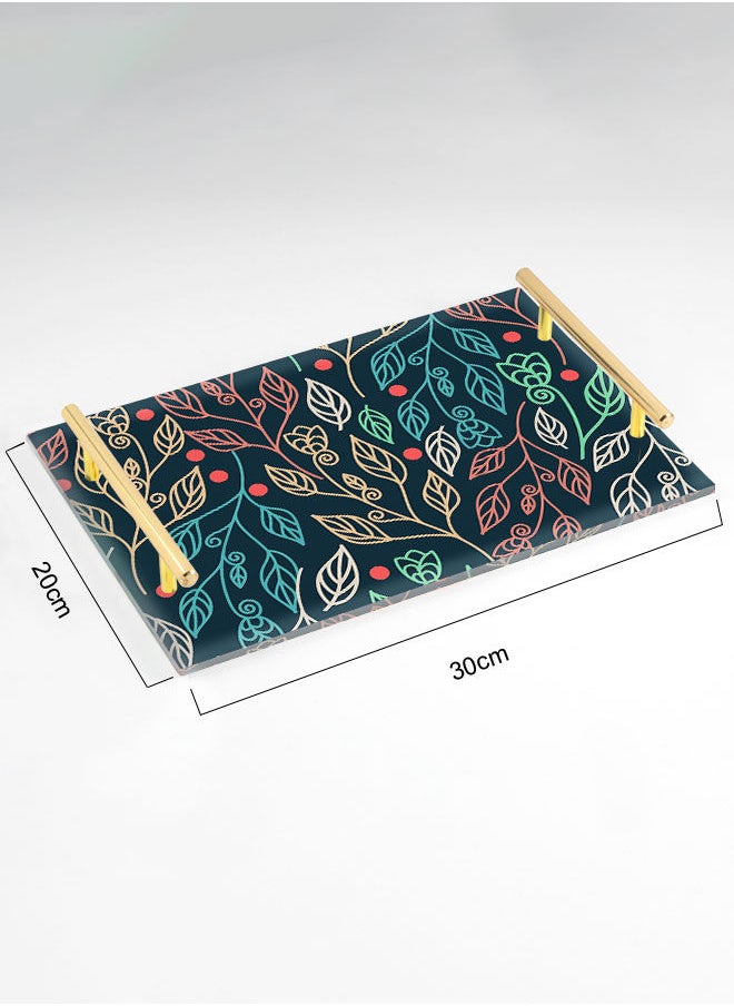 LOWHA Decorative Acrylic Serving Tray with Gold Color Metal Handles Floral 20x30cm  - Image 2