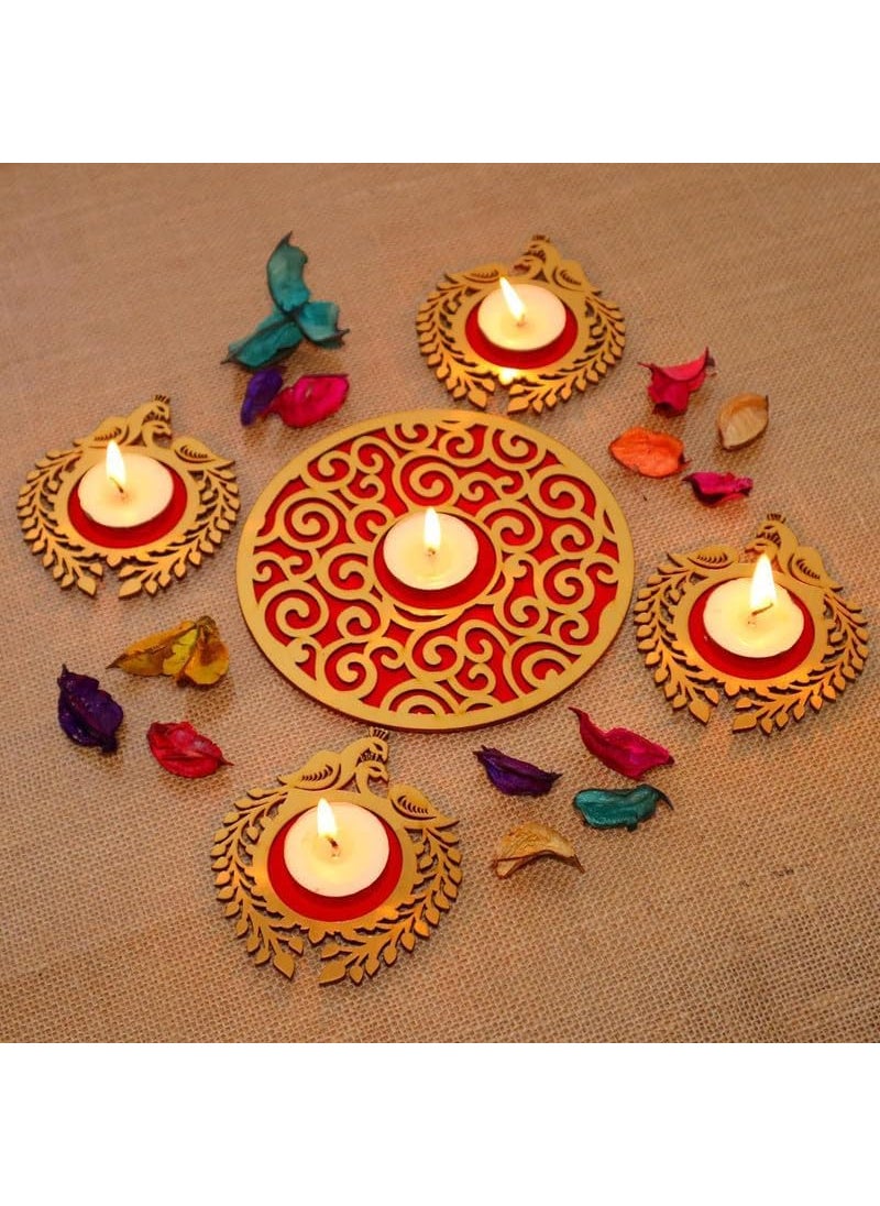 Webelkart Webelkart Premium Wooden Peacock Rangoli Candle Holder for Diwali Dexor | Diwali Gift Item, Festival Decorative Item Tealight Candle Holder Multicolor (Model-2)  - Image 1