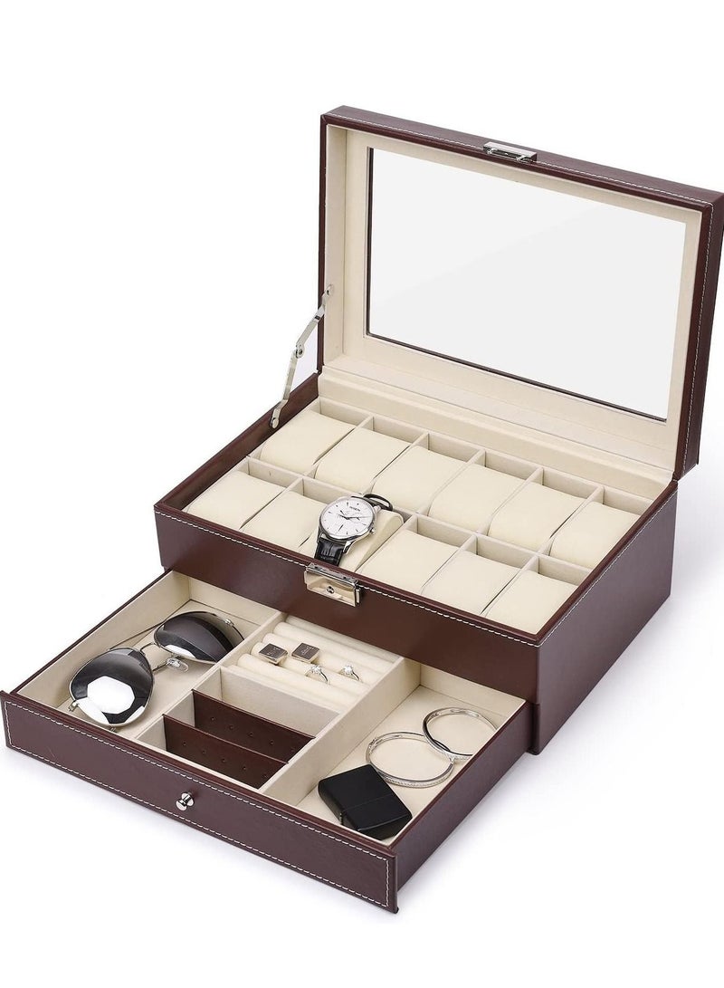عربست صندوق منظم الساعات ، 12 فتحة ساعة PU حالة منظم عرض الجلود للرجال ، 2 طبقات حامل ساعة مجوهرات مع سطح زجاجي (بني) - Image 1