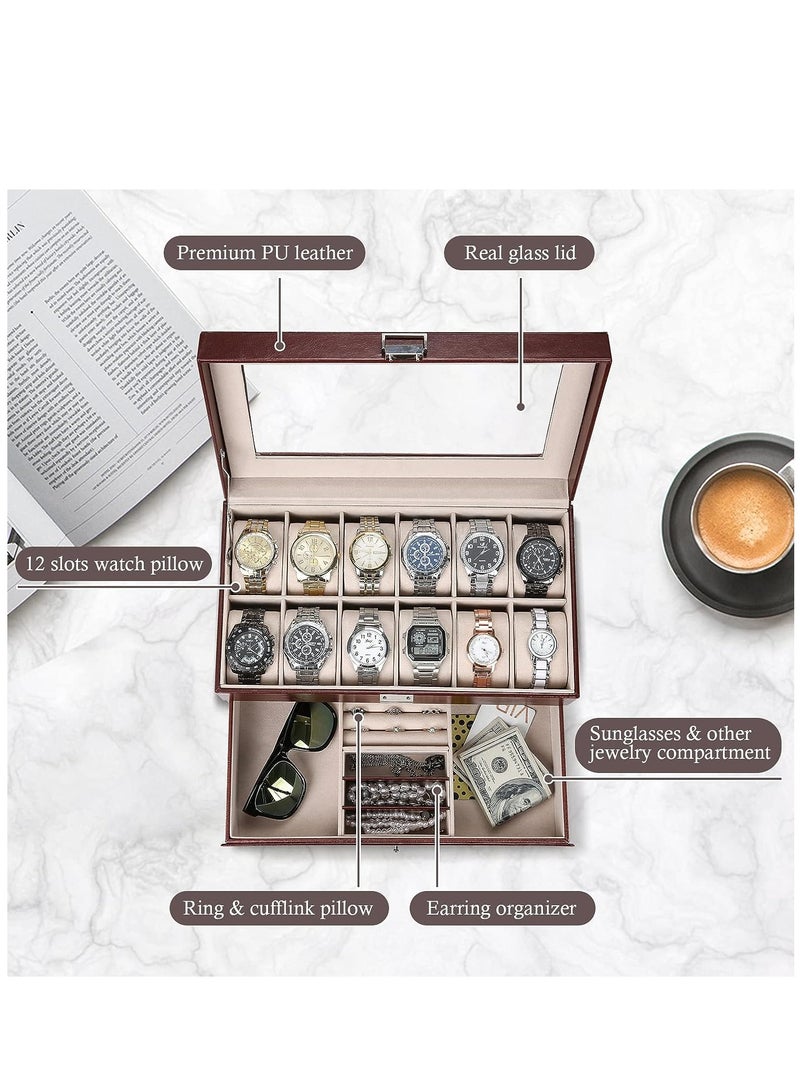 عربست صندوق منظم الساعات ، 12 فتحة ساعة PU حالة منظم عرض الجلود للرجال ، 2 طبقات حامل ساعة مجوهرات مع سطح زجاجي (بني) - Image 2