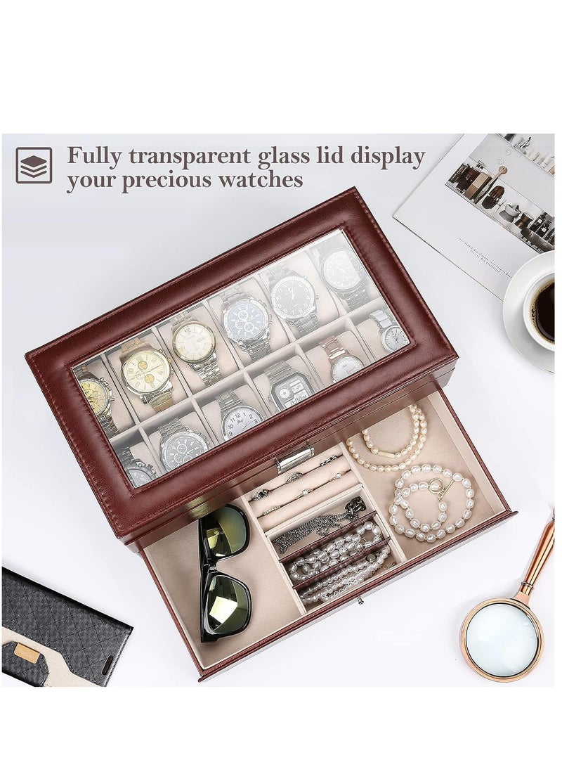 عربست صندوق منظم الساعات ، 12 فتحة ساعة PU حالة منظم عرض الجلود للرجال ، 2 طبقات حامل ساعة مجوهرات مع سطح زجاجي (بني) - Image 5
