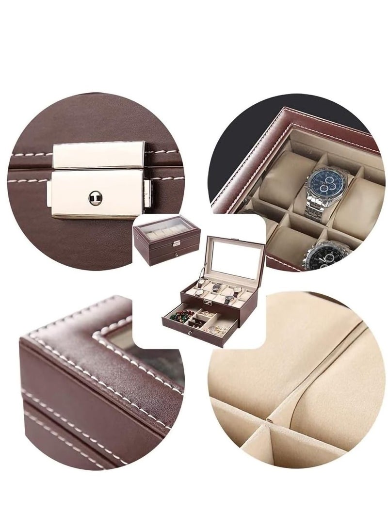 عربست صندوق منظم الساعات ، 12 فتحة ساعة PU حالة منظم عرض الجلود للرجال ، 2 طبقات حامل ساعة مجوهرات مع سطح زجاجي (بني) - Image 4
