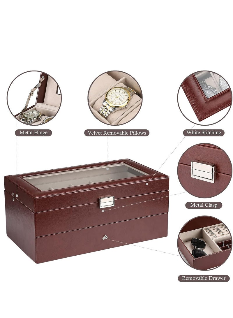 عربست صندوق منظم الساعات ، 12 فتحة ساعة PU حالة منظم عرض الجلود للرجال ، 2 طبقات حامل ساعة مجوهرات مع سطح زجاجي (بني) - Image 3