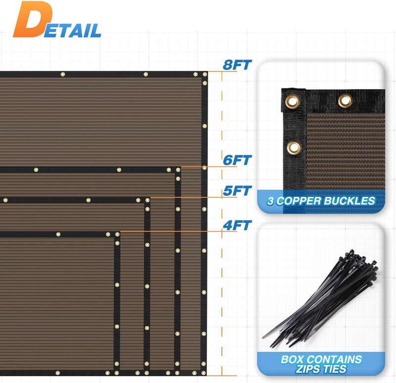 Tang Fence Privacy Screen Brown 4 Feet x 20 Feet Outdoor Shade Cloth with Grommets, 150 GSM Temporary Fence Cover with Zipties Mesh Netting Fences Blockage for Backyard Garden Patio Chain Link - Image 3