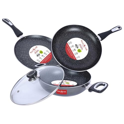 Peggy Oliver MODERNA Non-Stick Induction Cookware 4Pcs Gift Set | Stay Cool Bakelite Handle | 4-Layer Coating | Tawa 25 cm | Fry Pan 24cm | Kadhai & Glass Lid 24cm | Metallic Gray | Dishwasher Safe - Image 1