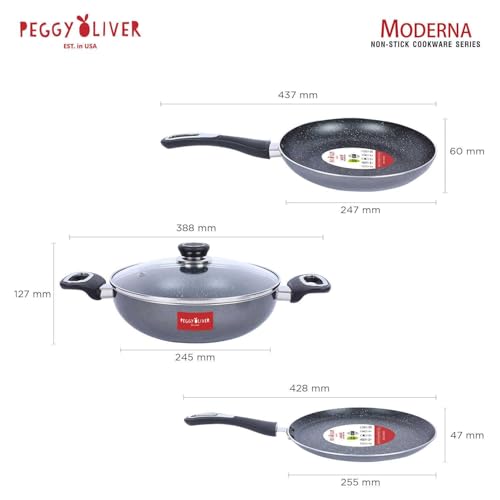 Peggy Oliver MODERNA Non-Stick Induction Cookware 4Pcs Gift Set | Stay Cool Bakelite Handle | 4-Layer Coating | Tawa 25 cm | Fry Pan 24cm | Kadhai & Glass Lid 24cm | Metallic Gray | Dishwasher Safe - Image 3
