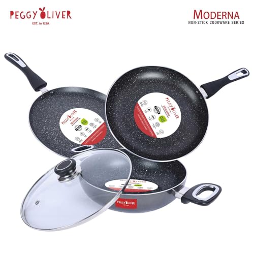 Peggy Oliver MODERNA Non-Stick Induction Cookware 4Pcs Gift Set | Stay Cool Bakelite Handle | 4-Layer Coating | Tawa 25 cm | Fry Pan 24cm | Kadhai & Glass Lid 24cm | Metallic Gray | Dishwasher Safe - Image 2