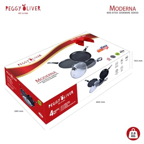 Peggy Oliver MODERNA Non-Stick Induction Cookware 4Pcs Gift Set | Stay Cool Bakelite Handle | 4-Layer Coating | Tawa 25 cm | Fry Pan 24cm | Kadhai & Glass Lid 24cm | Metallic Gray | Dishwasher Safe - Image 4