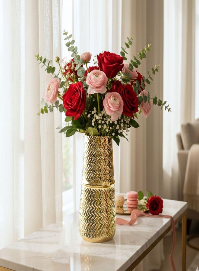 BEHOMA Arrow Engrave Metal Cylindrical Vase for Home Décor | Table Flower Pot for Valentine’s Day, Couple Gift for Wedding Anniversary, Birthday Decoration | 9.2" Golden, 1Pc (Flower not Included) - Image 2
