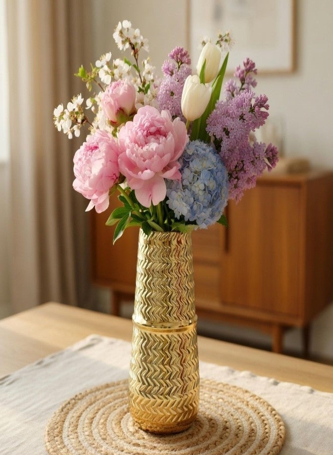 BEHOMA Arrow Engrave Metal Cylindrical Vase for Home Décor | Table Flower Pot for Valentine’s Day, Couple Gift for Wedding Anniversary, Birthday Decoration | 9.2" Golden, 1Pc (Flower not Included) - Image 1
