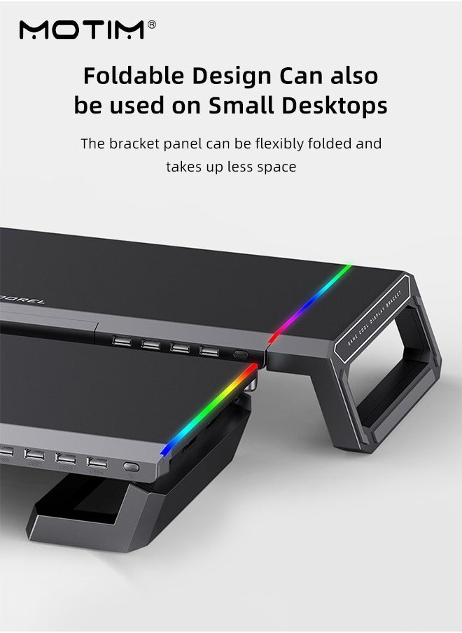 Motim - RGB Gaming Computer Monitor Stand with 4 USB 3.0 Hub, Foldable Monitor Stand Riser with Storage Drawer and Phone Holder, Height Adjustable, Computer Stand Desk Shelf Riser for PC, Laptop, iMac - Image 1