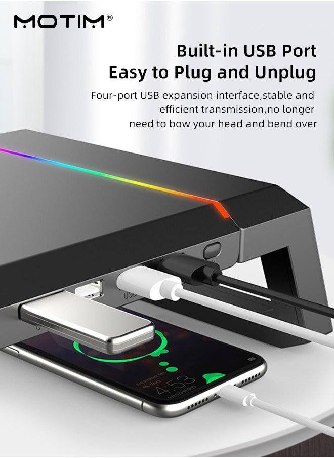 Motim - RGB Gaming Computer Monitor Stand with 4 USB 3.0 Hub, Foldable Monitor Stand Riser with Storage Drawer and Phone Holder, Height Adjustable, Computer Stand Desk Shelf Riser for PC, Laptop, iMac - Image 1