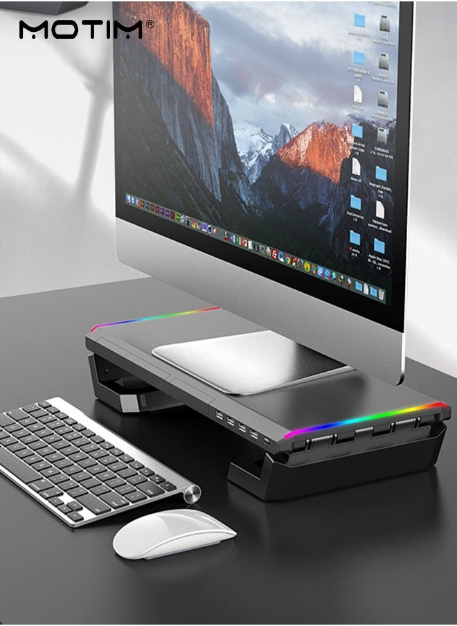 Motim - RGB Gaming Computer Monitor Stand with 4 USB 3.0 Hub, Foldable Monitor Stand Riser with Storage Drawer and Phone Holder, Height Adjustable, Computer Stand Desk Shelf Riser for PC, Laptop, iMac - Image 1