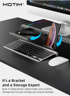 موتيم حامل شاشة كمبيوتر للألعاب RGB مع 4 موزع USB 3.0، حامل شاشة قابل للطي مع درج تخزين وحامل هاتف، قابل لتعديل الارتفاع، حامل مكتب للكمبيوتر الشخصي والكمبيوتر المحمول والكمبيوتر المحمول والكمبيوتر المحمول  - Image 2