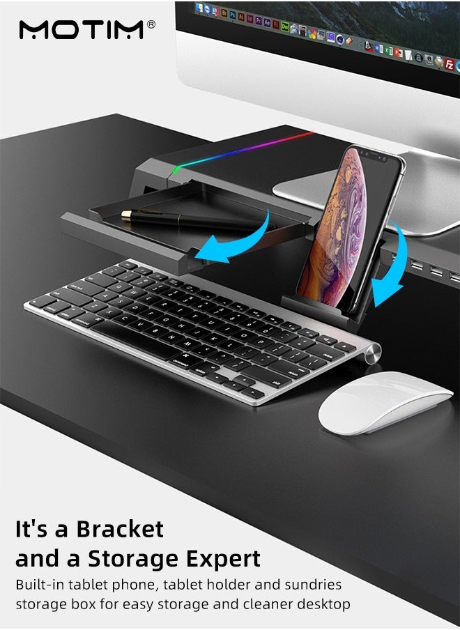 Motim - RGB Gaming Computer Monitor Stand with 4 USB 3.0 Hub, Foldable Monitor Stand Riser with Storage Drawer and Phone Holder, Height Adjustable, Computer Stand Desk Shelf Riser for PC, Laptop, iMac - Image 1