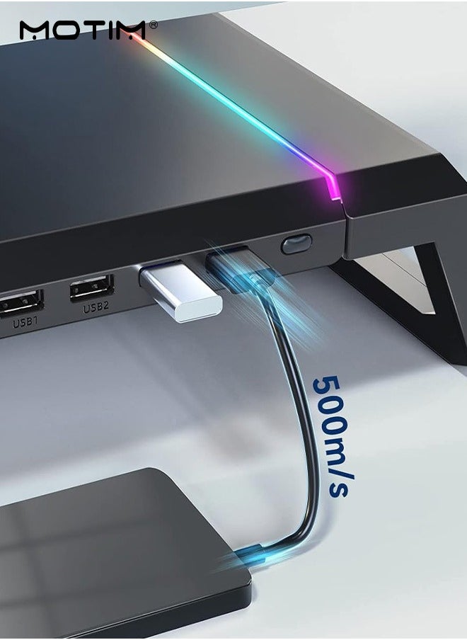 Motim - RGB Gaming Computer Monitor Stand with 4 USB 3.0 Hub, Foldable Monitor Stand Riser with Storage Drawer and Phone Holder, Height Adjustable, Computer Stand Desk Shelf Riser for PC, Laptop, iMac - Image 1
