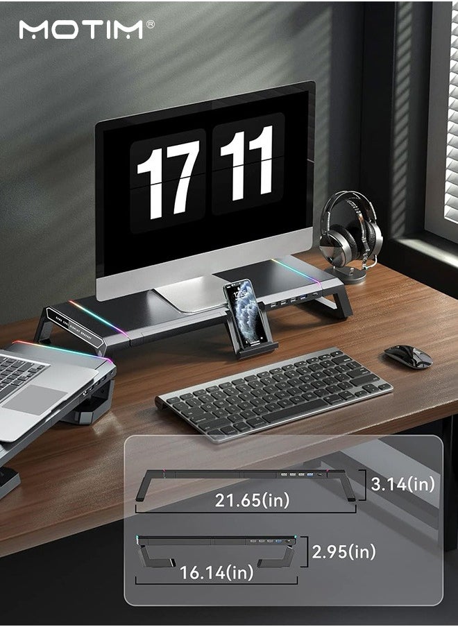 Motim - RGB Gaming Computer Monitor Stand with 4 USB 3.0 Hub, Foldable Monitor Stand Riser with Storage Drawer and Phone Holder, Height Adjustable, Computer Stand Desk Shelf Riser for PC, Laptop, iMac - Image 1