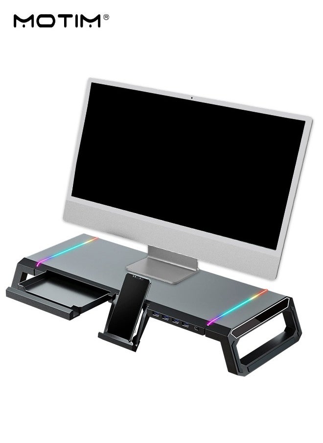 Motim - RGB Gaming Computer Monitor Stand with 4 USB 3.0 Hub, Foldable Monitor Stand Riser with Storage Drawer and Phone Holder, Height Adjustable, Computer Stand Desk Shelf Riser for PC, Laptop, iMac - Image 1
