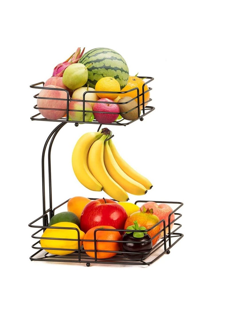 ميكسد مزدوجة كونترتوب مربع سلة الفاكهة والخضار وعاء تخزين مربع ، مع الموز شماعات ، أسود - Image 1