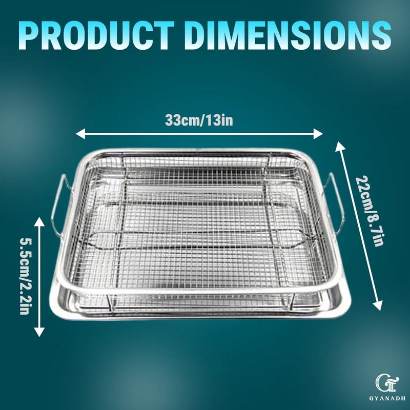 Gyanadh Air Fryer Basket Square Stainless Steel Crisper Tray Non Stick Baking Crispy Chicken French Fries Onion Rings Pan Mesh Fry Cookware 2 Pieces Silver Oil Frying Chips 29x29x9 CM - Image 2