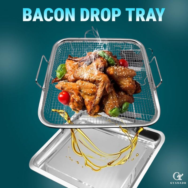 Gyanadh Air Fryer Basket Square Stainless Steel Crisper Tray Non Stick Baking Crispy Chicken French Fries Onion Rings Pan Mesh Fry Cookware 2 Pieces Silver Oil Frying Chips 29x29x9 CM - Image 3
