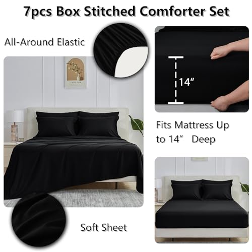 CozyLux Oversized Queen Comforter Sets Black, 7 Pieces Bed in a Bag, 98x98 Box Stitched Design Bedding Set, All Season Luxury Soft Bed Set with Down Alternative Comforter, Sheets, Pillowcases & Shams - Image 5