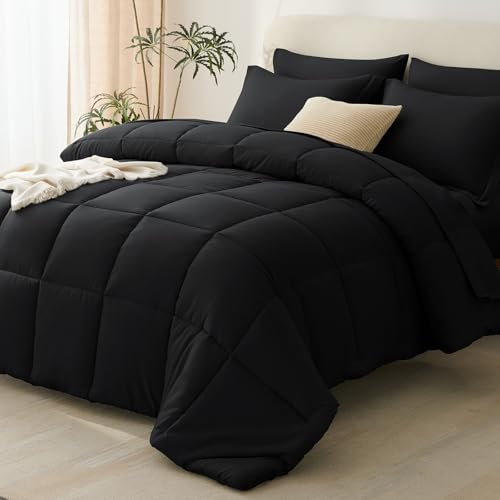 CozyLux Oversized Queen Comforter Sets Black, 7 Pieces Bed in a Bag, 98x98 Box Stitched Design Bedding Set, All Season Luxury Soft Bed Set with Down Alternative Comforter, Sheets, Pillowcases & Shams - Image 1