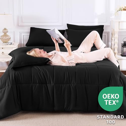 CozyLux Oversized Queen Comforter Sets Black, 7 Pieces Bed in a Bag, 98x98 Box Stitched Design Bedding Set, All Season Luxury Soft Bed Set with Down Alternative Comforter, Sheets, Pillowcases & Shams - Image 3