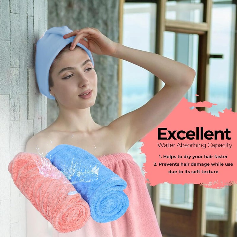 Celestify Celestify Super Quick Absorbent Super Soft Micro Fiber 500 GSM Hair Towel Pack of 2 Wrap Caps Magic Turban Hat Pink Blue for Long Short Hair Free Size for Girls Women Bathrobe Style - Image 3