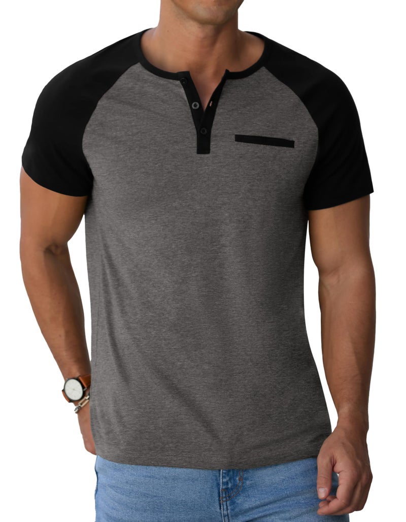 Sailwind Mens Cotton Henley Shirts Short Sleeve Casual T-Shirts Summer Button Big and Tall T Shirts with Pocket Dark Gray Black - Image 3