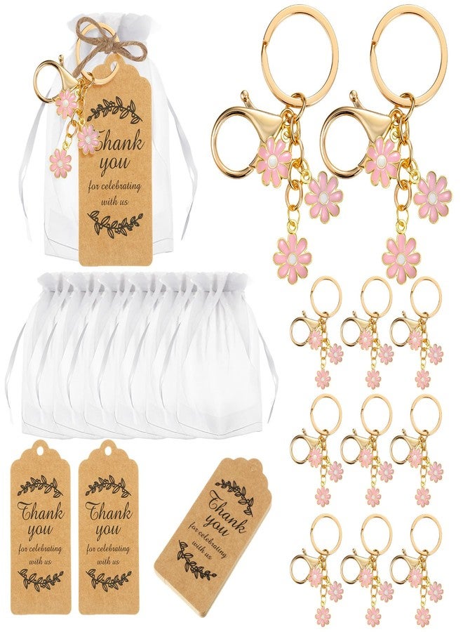 Ecation 20set Flower Keychain Xmas Tree Ornament Party Favor Kraft Tag Organza Bag for Thanksgiving Guest Bridal Shower Wedding(Pink,Daisy) - Image 1