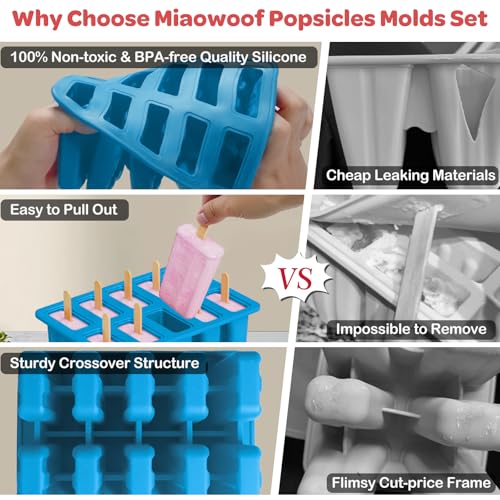 Miaowoof Homemade Popsicle Molds, 10-Cav Non-BPA Silicone Ice Pop Maker, with 50 Sticks, 50 Bags, 10 Reusable Sticks, Funnel, Brush and Ice Pop Recipe (Blue+Bin) - Image 4