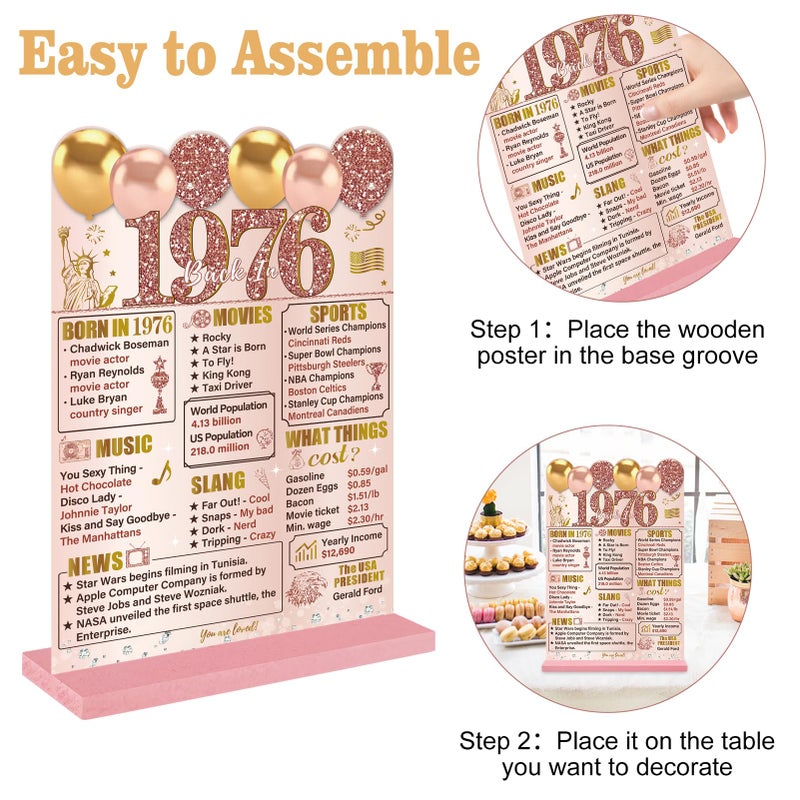 Guiruiy Pink Rose Gold 50th Birthday Decorations for Women, Two-Sided Vintage 50 Back in 1976 Theme Poster Wooden Table Sign with Stand, Fifty Years Old Bday Centerpieces Holder for Table Decor - Image 3