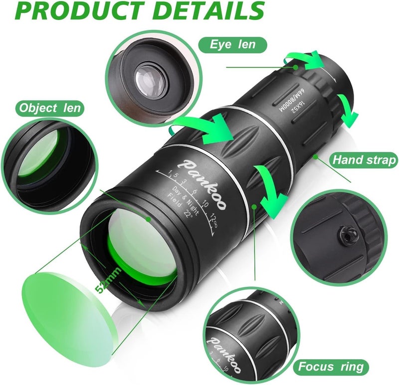 Pankoo 16 x 52 Adult Monocular Telescope, 2024 Power Prism, Compact Monocular for Adults and Kids, HD Monocular for Gifts, Outdoor Activities, Bird Watching, Hiking, Concert, Travel - Image 2