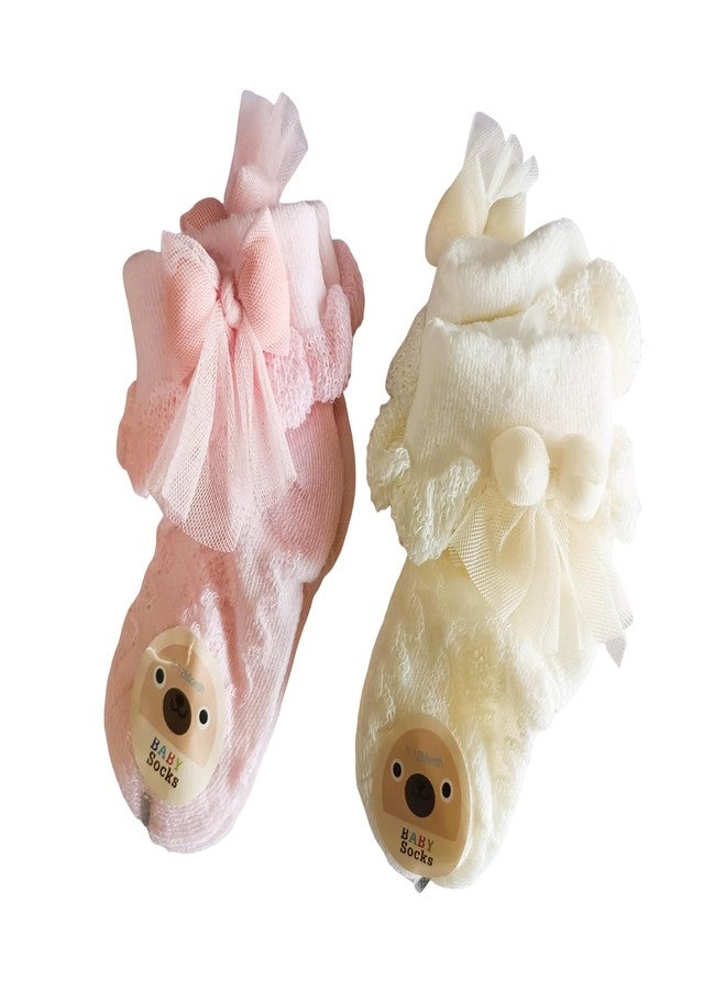 CUTEABLY Unisex Baby Romantic Lace Socks Breathable Sustainable Cotton Thin Elegant Textured With Ruffle Cuffs The Ankle Ideal For Festive Occasions (IN, Age, 6 Months, 12 Months, Yellow+Pink) - Image 1