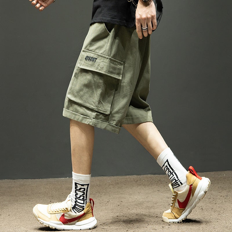 Loose Cargo Shorts, Summer Thin Ice Silk Solid Color Japanese Style Casual Sports Five-Point  Shorts