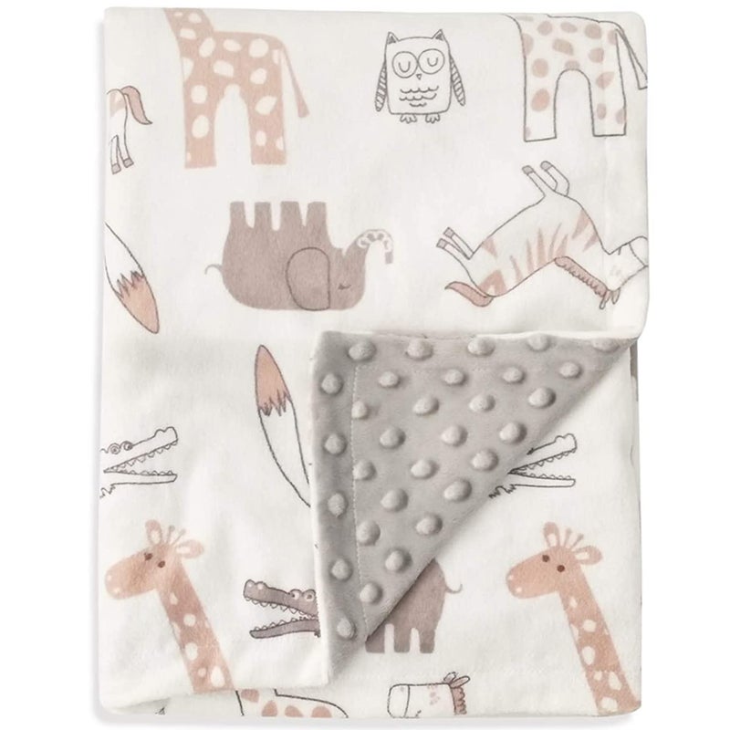 BORITAR Baby Blanket Soft Minky with Double Layer Dotted Backing Lovely Animals Printed 30 x 40 Inch Receiving Blanket