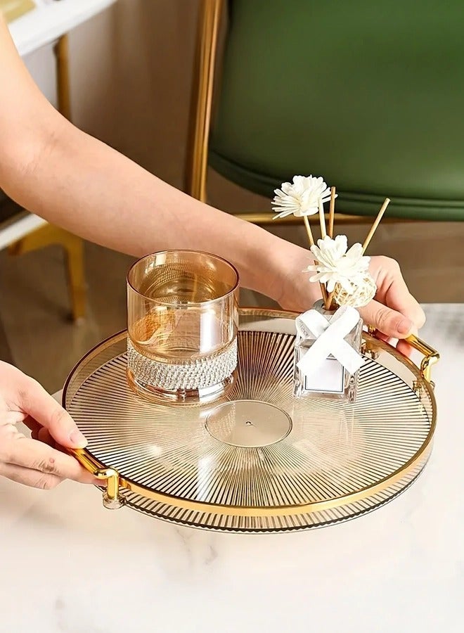 XiuWoo Luxury Style Golden Rimmed Round Plastic Serving Tray with Handles, Decorative Storage Organizer for Living Room Coffee Table, Cup And Accessory Holder, Storage Bins for Home Organization, Baskets, Bins Containers for Home Organization  - Image 1