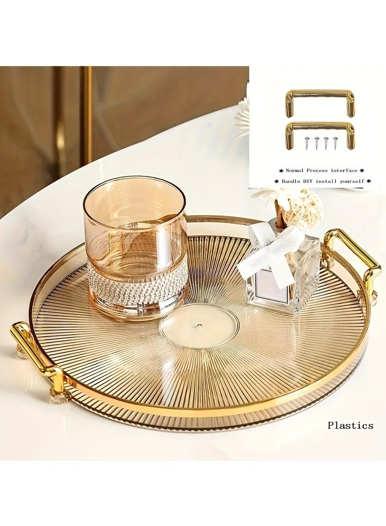 XiuWoo Luxury Style Golden Rimmed Round Plastic Serving Tray with Handles, Decorative Storage Organizer for Living Room Coffee Table, Cup And Accessory Holder, Storage Bins for Home Organization, Baskets, Bins Containers for Home Organization  - Image 2