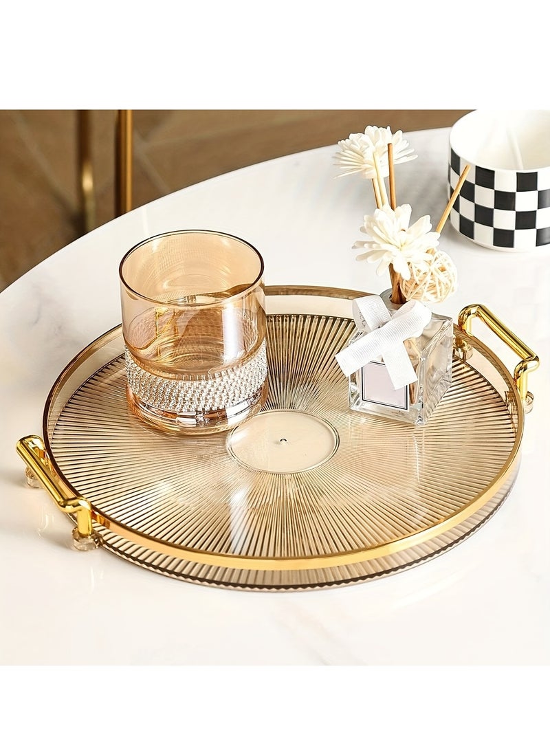 XiuWoo Luxury Style Golden Rimmed Round Plastic Serving Tray with Handles, Decorative Storage Organizer for Living Room Coffee Table, Cup And Accessory Holder, Storage Bins for Home Organization, Baskets, Bins Containers for Home Organization  - Image 5