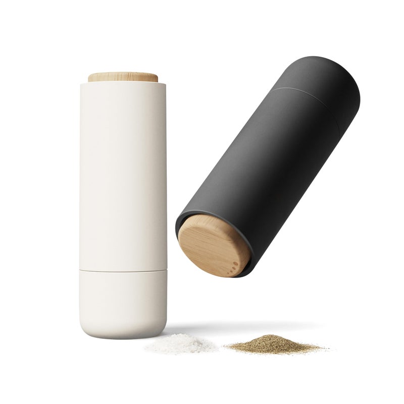 LIBKEN NonSpill Salt and Pepper Grinder Set Adjustable Ceramic Grinder Minimalistic Spice Mill Easy to Refill Condiments Dispenser Wood SoftCoated Plastic 62 x 22 inch White Grey