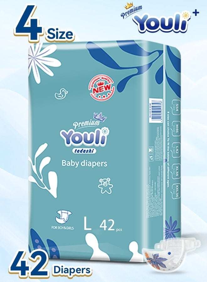 Youli Baby Diapers,Taped Diapers Size 4, 9-14 Kg, 360° Leak-Free Fit For Up To 100% Leakage Protection, Ultimate Comfort 42 Diapers