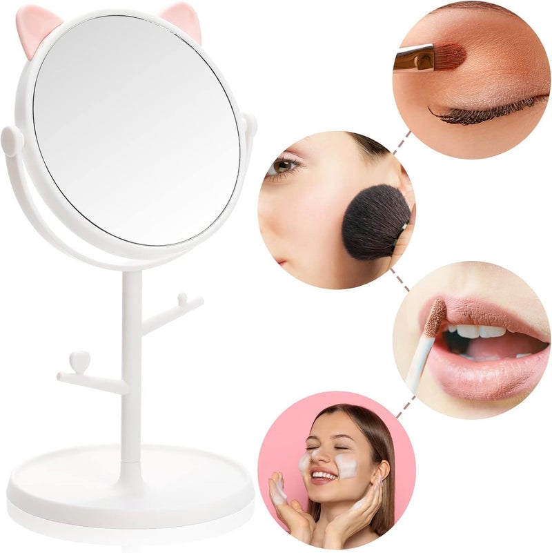 Nathgra Desk Mirror in Cute Cat Ears Shape Vanity Mirror for You in Bathroom or Bedroom Desk Mirror for Makeup  Freestanding Mirror Folding Design for Tabletop Pink - Image 3