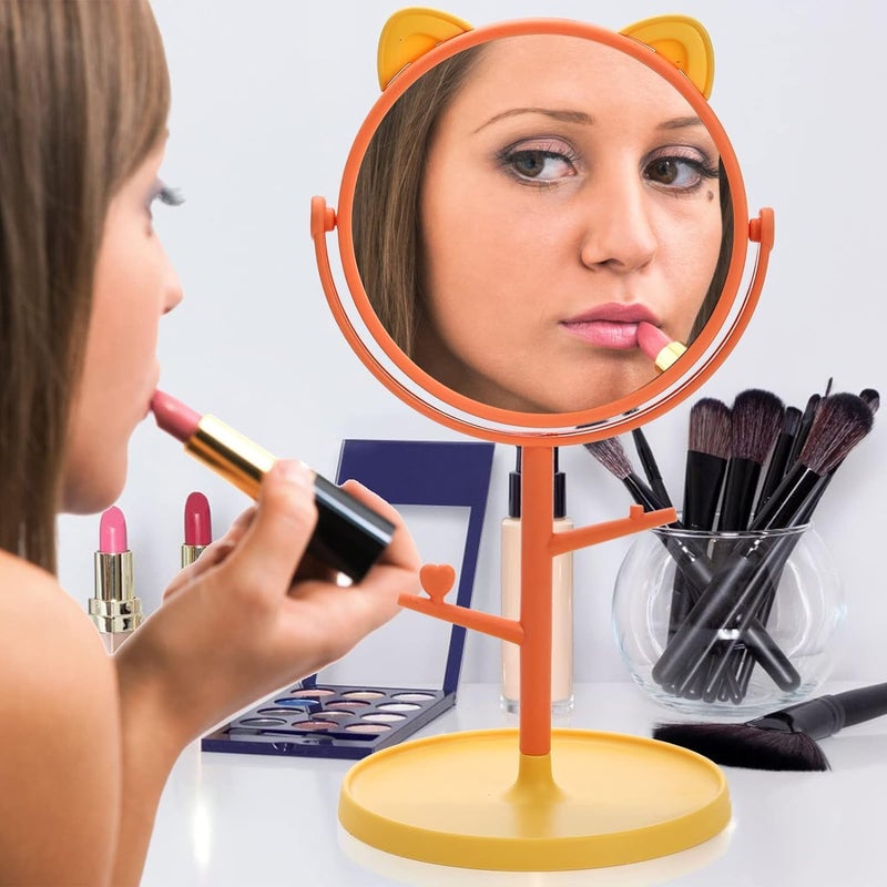 Nathgra Desk Mirror in Cute Cat Ears Shape Vanity Mirror for You in Bathroom or Bedroom Desk Mirror for Makeup  Freestanding Mirror Folding Design for Tabletop Pink - Image 4