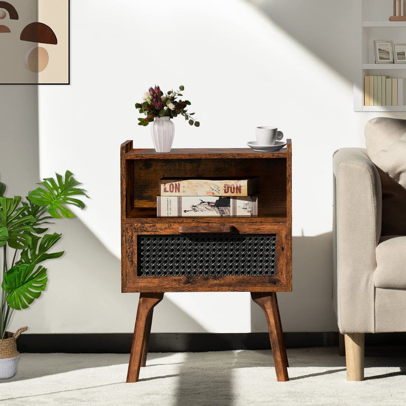 Lerliuo Rattan Nightstand, Boho Side Table with Drawer Open Shelf, Cane Accent Bedside End Table with Solid Wood Legs for Bedroom, Dorm and Small Spaces (Brown) - Image 4
