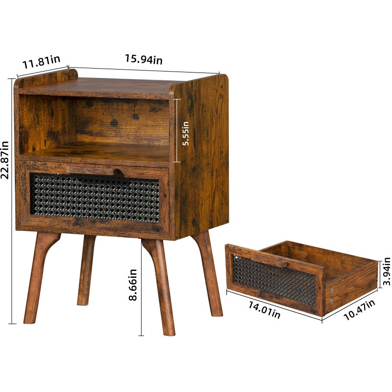 Lerliuo Rattan Nightstand, Boho Side Table with Drawer Open Shelf, Cane Accent Bedside End Table with Solid Wood Legs for Bedroom, Dorm and Small Spaces (Brown) - Image 5