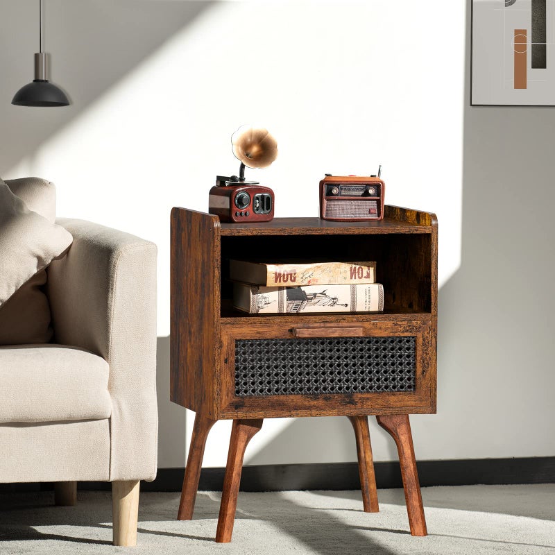 Lerliuo Rattan Nightstand, Boho Side Table with Drawer Open Shelf, Cane Accent Bedside End Table with Solid Wood Legs for Bedroom, Dorm and Small Spaces (Brown) - Image 3
