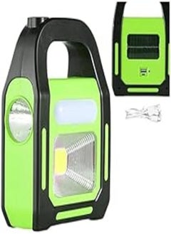 An emergency flashlight with three different lighting systems,with an emergency phone charging port and supports charging using solar energy (green)