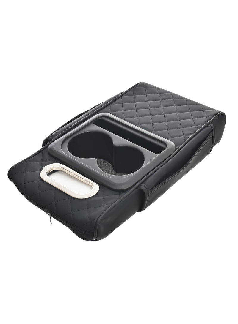 Genaric Multifunctional Car Center Console Cover with Comfort Cushion, Cup Holder, Tissue Box, and Side Pockets for Enhanced Armrest Support - Black - Image 3